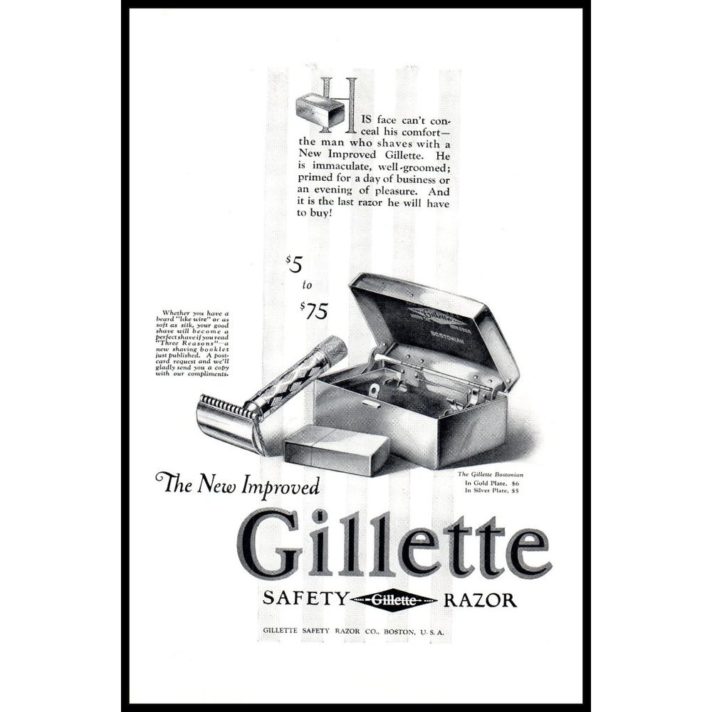 1924 Gillette Bostonian Safety Razor Vintage Print Ad Mens Grooming Wall Art